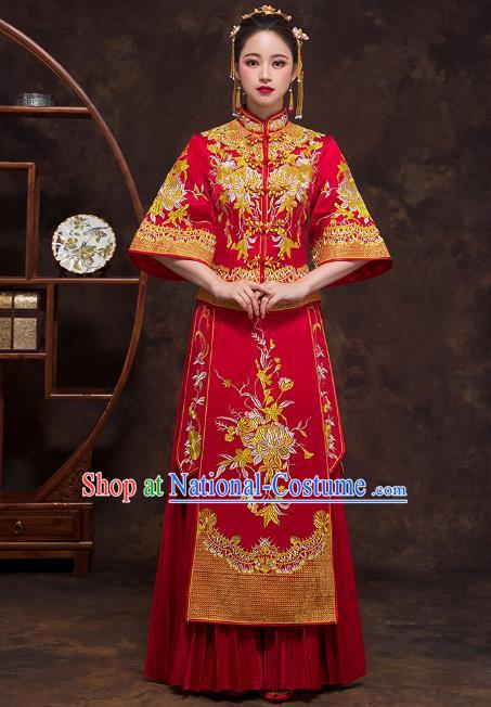 Chinese Ancient Wedding Costumes Bride Formal Dresses Embroidered Chrysanthemum Bottom Drawer Red XiuHe Suit for Women