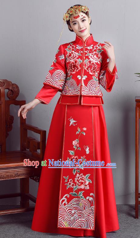 Chinese Ancient Bride Formal Dresses Wedding Costume Embroidered Peony Red Longfenggua XiuHe Suit for Women