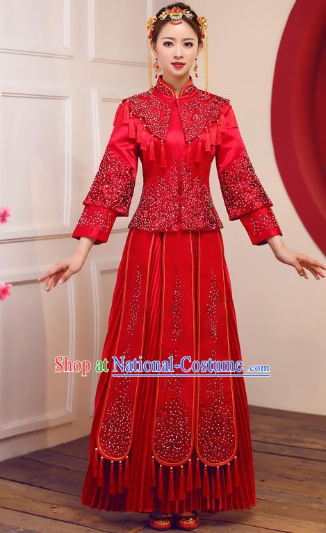 Top Grade Chinese Traditional Diamante Wedding Dress Ancient Bride Embroidered Red XiuHe Suit for Women