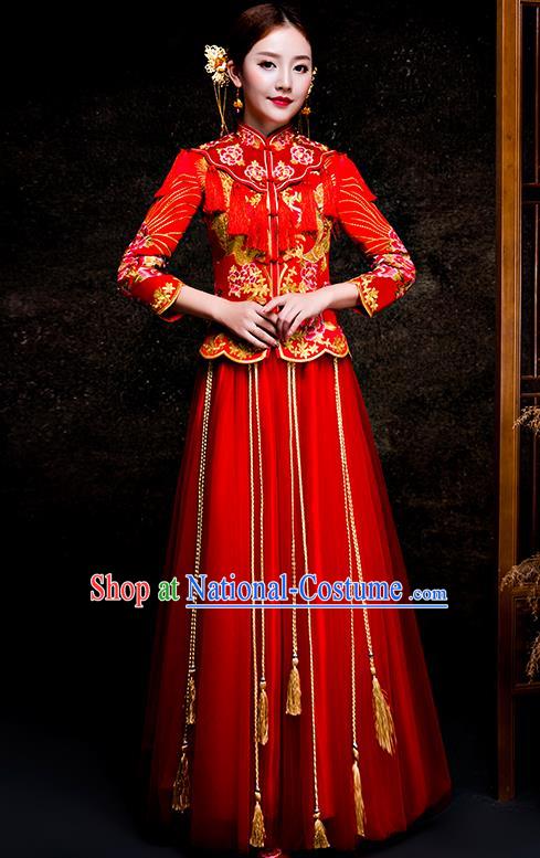 Top Grade Chinese Traditional Red Wedding Dress XiuHe Suit Ancient Bride Embroidered Cheongsam for Women