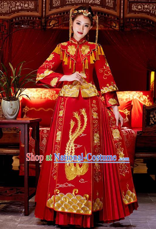 Top Grade Chinese Traditional Red Wedding Dress XiuHe Suit Ancient Bride Embroidered Phoenix Cheongsam for Women