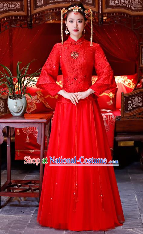 Top Grade Chinese Traditional Wedding Dress XiuHe Suit Ancient Bride Embroidered Red Lace Cheongsam for Women