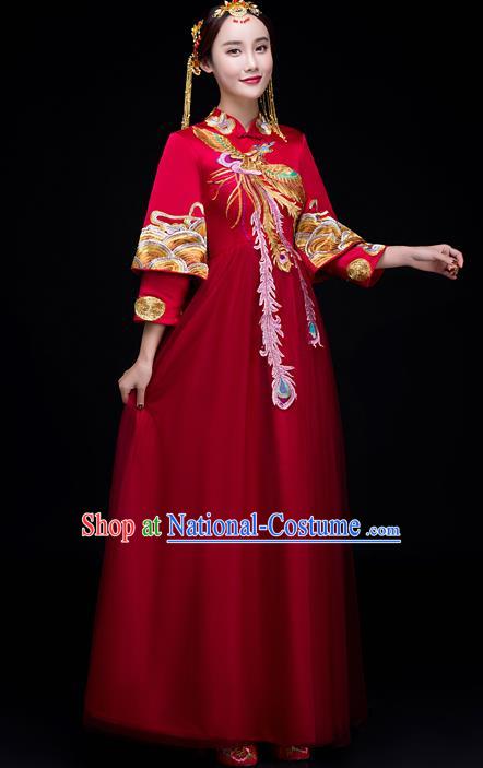 Top Grade Chinese Traditional Wedding Dress XiuHe Suit Ancient Bride Embroidered Phoenix Cheongsam for Women