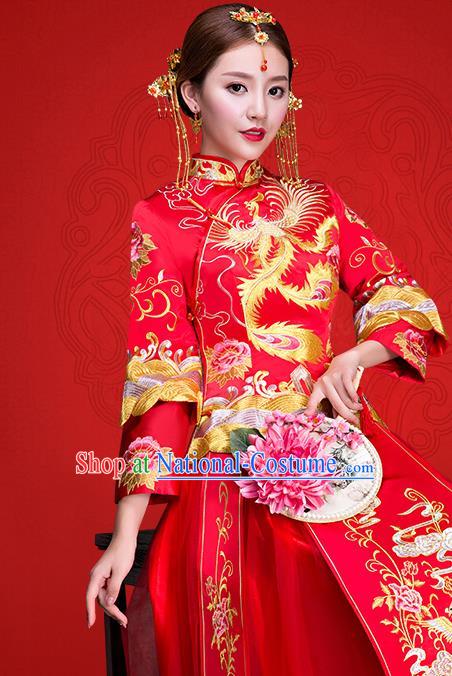 Top Grade Chinese Traditional Wedding Dress Red XiuHe Suit Ancient Bride Embroidered Phoenix Cheongsam for Women