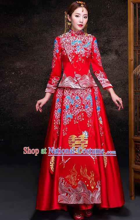 Top Grade Chinese Traditional Red Wedding Dress XiuHe Suit Ancient Bride Embroidered Cheongsam for Women