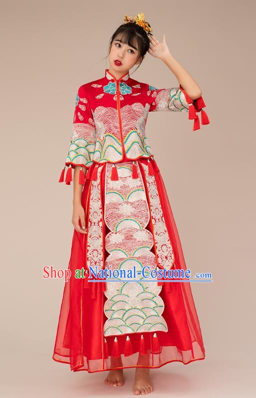 Chinese Ancient Bride Veil Formal Dresses Xiuhe Suit Embroidered Red Cheongsam Wedding Costume for Women