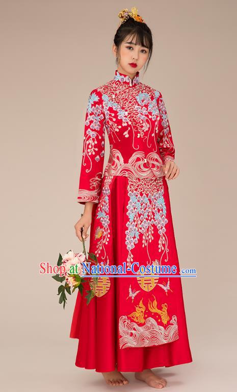 Chinese Ancient Bride Veil Formal Dresses Xiuhe Suit Embroidered Wedding Costume for Women