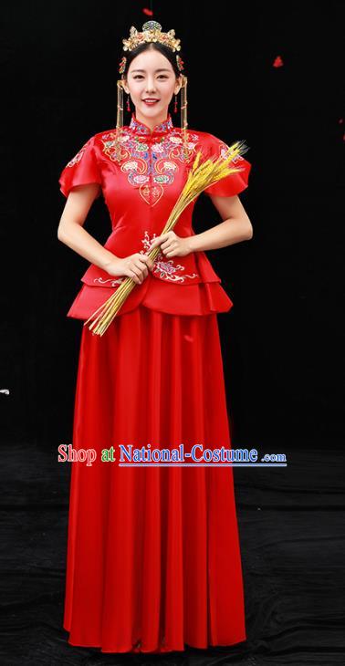 Chinese Ancient Bride Red Formal Dresses Xiuhe Suit Embroidered Wedding Costume for Women