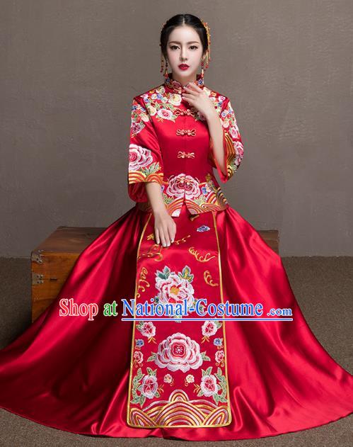 Chinese Ancient Bride Red Peony Formal Dresses Xiuhe Suit Embroidered Wedding Costume for Women