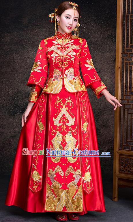 Top Grade Chinese Traditional Red Wedding Dress XiuHe Suit Ancient Bride Embroidered Fishes Cheongsam for Women