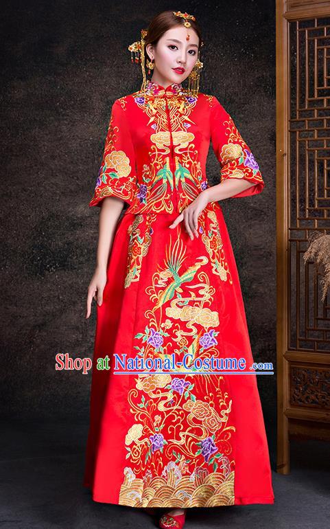 Chinese Traditional Wedding Dress XiuHe Suit Ancient Bride Embroidered Phoenix Cheongsam for Women