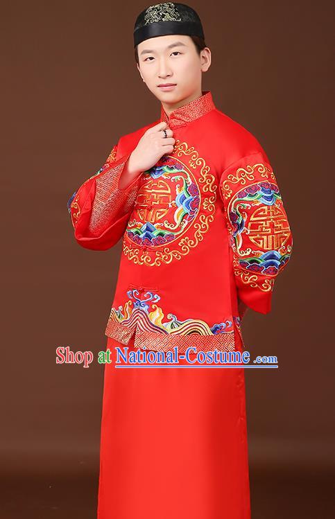 Ancient Chinese Wedding Toast Costumes Traditional Bridegroom Tang Suit Red Long Robe for Men