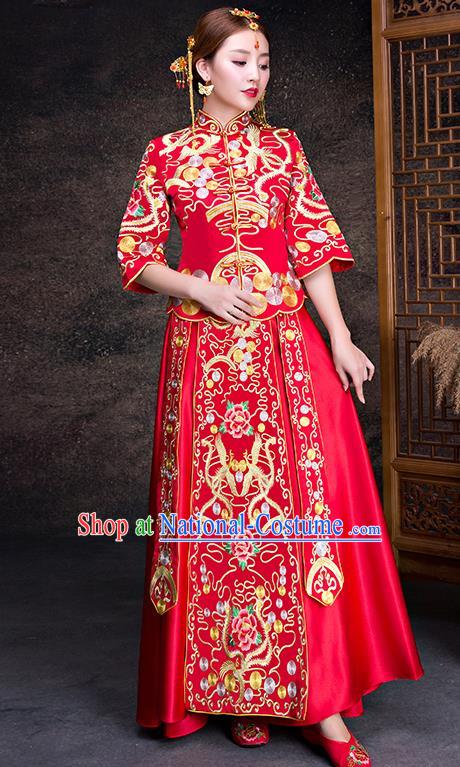 Chinese Traditional Wedding Dress Red XiuHe Suit Ancient Bride Embroidered Peony Cheongsam for Women