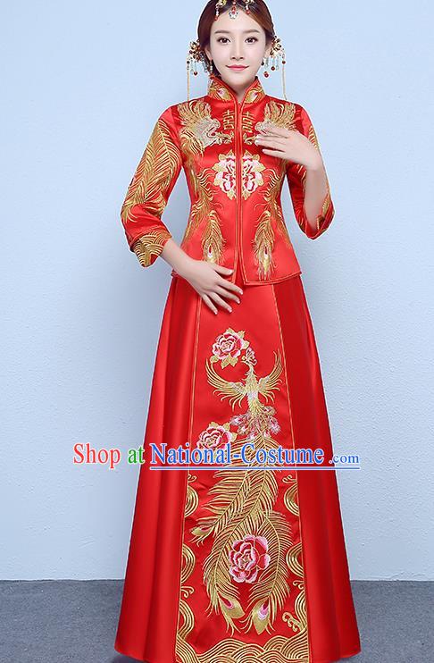 Chinese Traditional Wedding Dress Embroidered Peony Red XiuHe Suit Ancient Bride Cheongsam for Women