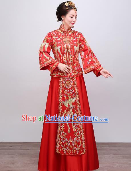 Chinese Traditional Wedding Dress Embroidered Phoenix Red XiuHe Suit Ancient Bride Cheongsam for Women