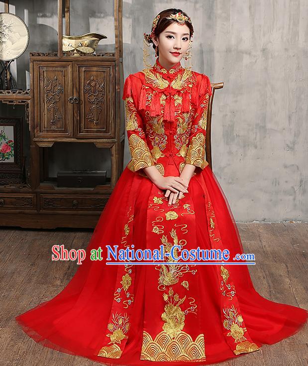 Chinese Traditional Embroidered Wedding Dress Red Tassel XiuHe Suit Ancient Bride Cheongsam for Women