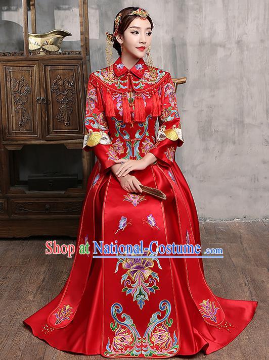 Chinese Traditional Embroidered Wedding Dress Red XiuHe Suit Ancient Bride Toast Cheongsam for Women