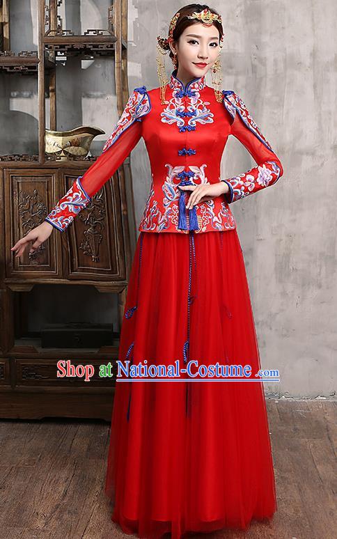 Chinese Traditional Wedding Dress Red XiuHe Suit Ancient Bride Embroidered Toast Cheongsam for Women