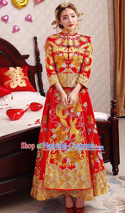 Chinese Traditional Wedding Dress Red XiuHe Suit Ancient Bride Embroidered Phoenix Toast Cheongsam for Women