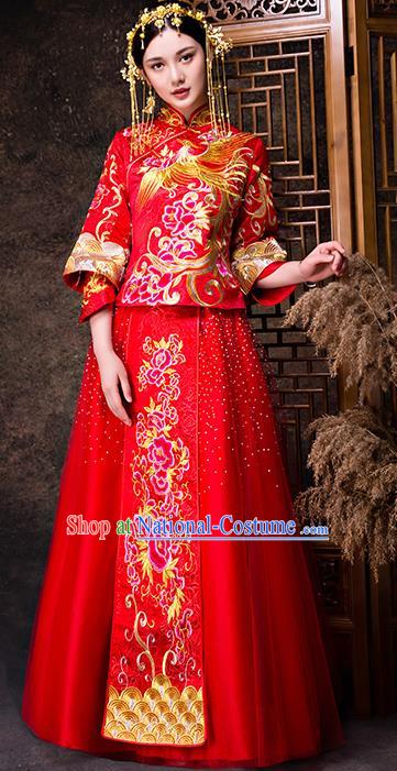 Chinese Traditional Wedding Dress XiuHe Suit Ancient Bride Embroidered Peony Toast Cheongsam for Women