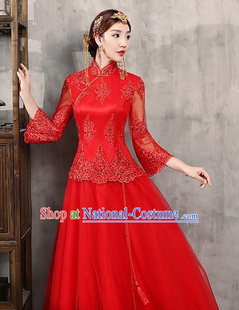 Chinese Traditional Wedding Dress Red Lace XiuHe Suit Ancient Bride Embroidered Toast Cheongsam for Women