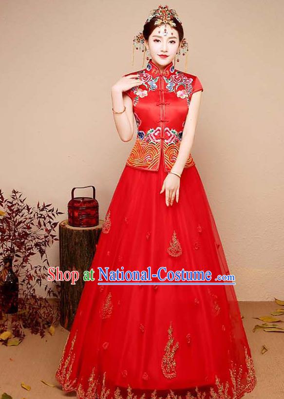 Chinese Traditional Wedding Costume XiuHe Suit Ancient Bride Embroidered Toast Formal Dress for Women