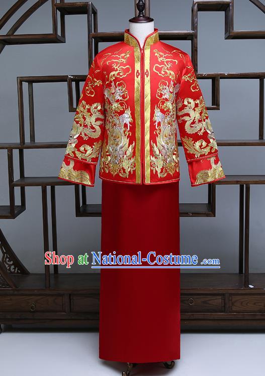 Ancient Chinese Male Wedding Toast Costumes Traditional Bridegroom Embroidered Tang Suit Red Long Robe for Men