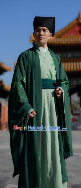 Chinese Ancient Han Dynasty Scholar Costume Embroidered Green Robe for Men