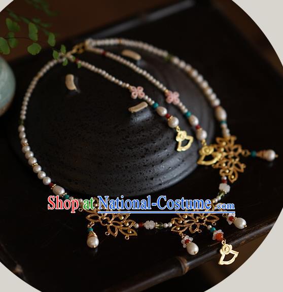 Handmade Chinese Traditional Accessories Hanfu Wedding Pearls Lotus Necklace for Women