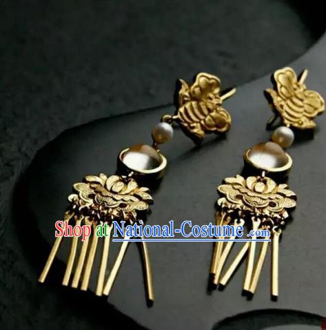 Handmade Chinese Traditional Accessories Hanfu Wedding Golden Lotus Earrings for Women