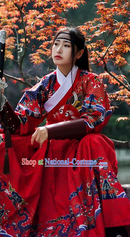 Chinese Ming Dynasty Imperial Bodyguard Costume Ancient Swordswoman Embroidered Red Robe for Women