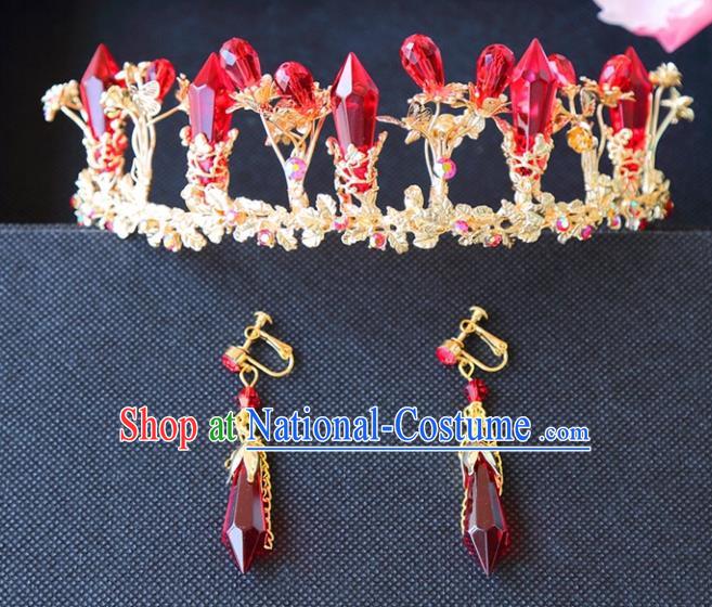 Top Grade Wedding Bride Hair Accessories Princess Red Crystal Hair Clasp Royal Crown for Women