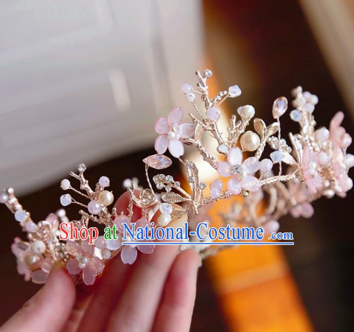 Top Grade Wedding Bride Hair Accessories Princess Hair Clasp Pink Flowers Royal Crown for Women