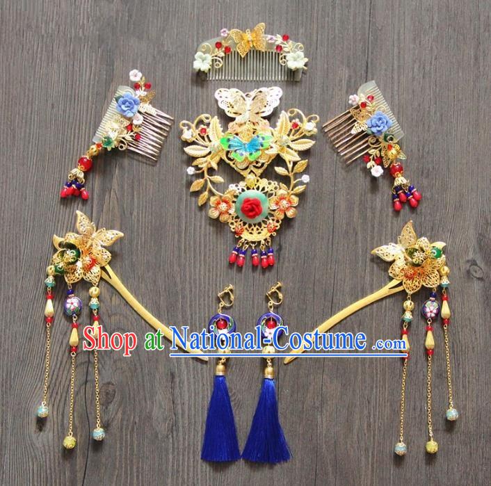 Top Grade Chinese Wedding Hair Accessories Ancient Bride Tassel Hairpins Hair Combs Complete Set for Women