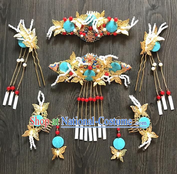 Top Grade Chinese Wedding Hair Accessories Ancient Bride Tassel Butterfly Hairpins Hair Combs Complete Set for Women