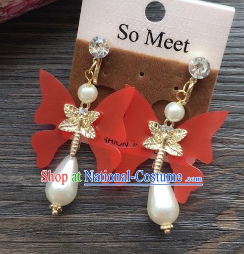 Top Grade Wedding Bride Jewelry Accessories Red Butterfly Pearl Earrings for Women