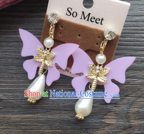 Top Grade Wedding Bride Jewelry Accessories Purple Butterfly Pearl Earrings for Women