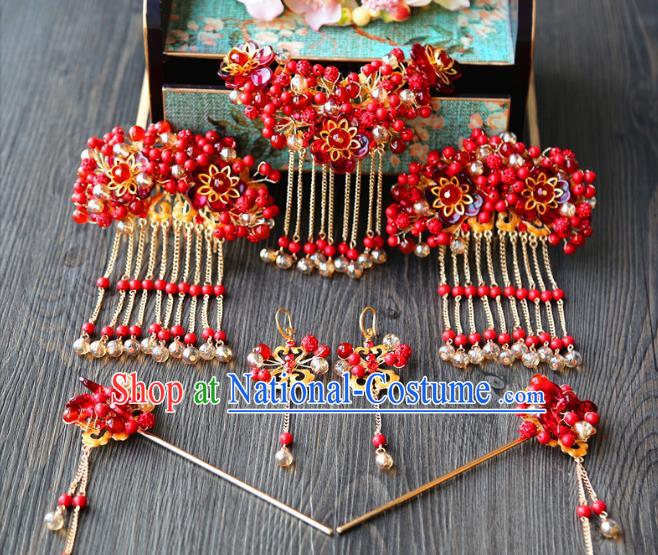 Top Grade Chinese Wedding Bride Hair Accessories Ancient Red Beads Hairpins Complete Set for Women