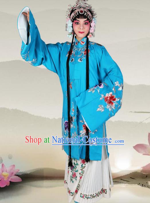 Professional Chinese Beijing Opera Costumes Ancient Peking Opera Actress Embroidered Peony Blue Clothing for Adults