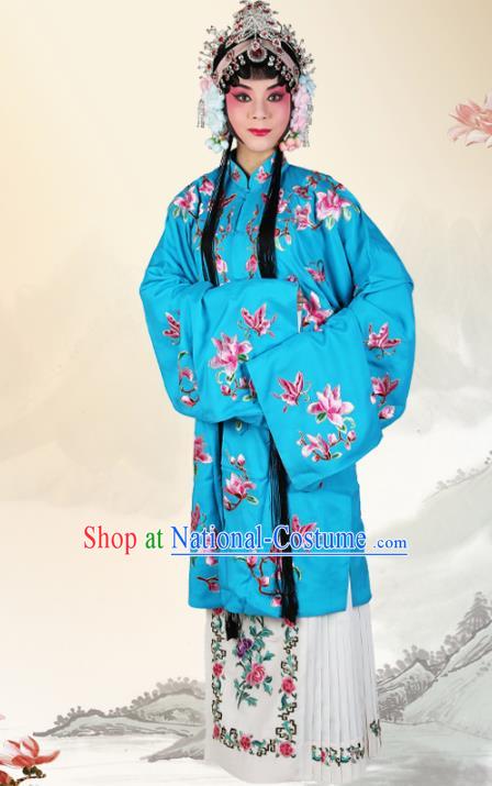 Professional Chinese Beijing Opera Costumes Ancient Peking Opera Actress Embroidered Mangnolia Blue Clothing for Adults