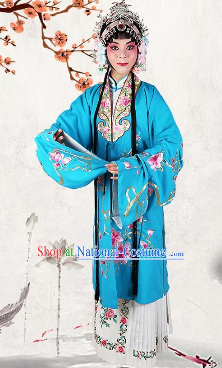 Professional Chinese Beijing Opera Costumes Ancient Huangmei Opera Actress Embroidered Blue Clothing for Adults