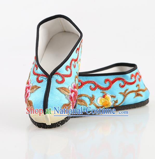 Chinese Traditional Beijing Opera Embroidered Shoes Peking Opera Diva Blue Cloth Shoes for Women