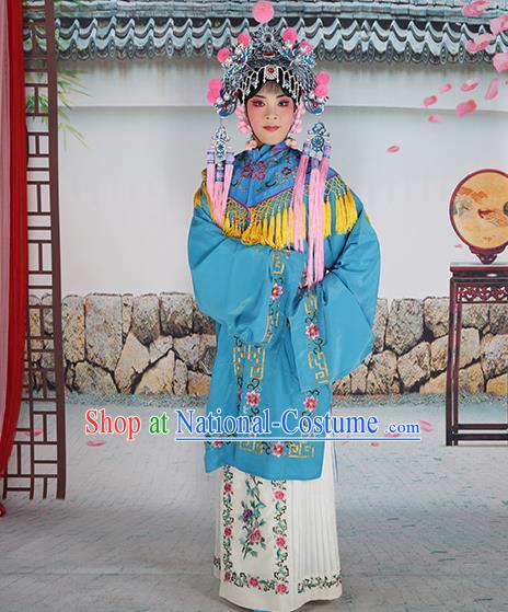 Professional Chinese Beijing Opera Diva Embroidered Costumes Blue Shawl Clothing and Headwear for Adults