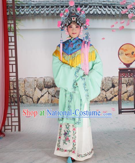 Professional Chinese Beijing Opera Diva Embroidered Green Costumes Blue Shawl Clothing and Headwear for Adults