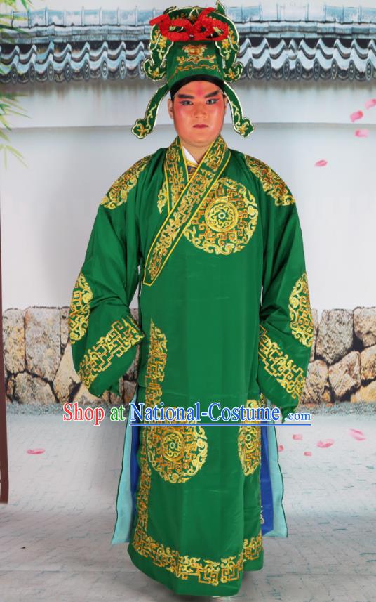 Professional Chinese Peking Opera Niche Costume Scholar Green Robe and Hat for Adults