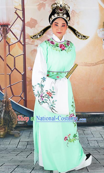 Professional Chinese Peking Opera Niche Costume Huangmei Opera Jia Baoyu Green Robe and Hat for Adults