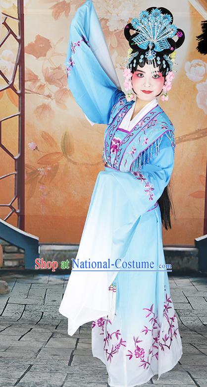 Professional Chinese Beijing Opera Diva Embroidered Costumes Peking Opera Fairy Blue Dress for Adults