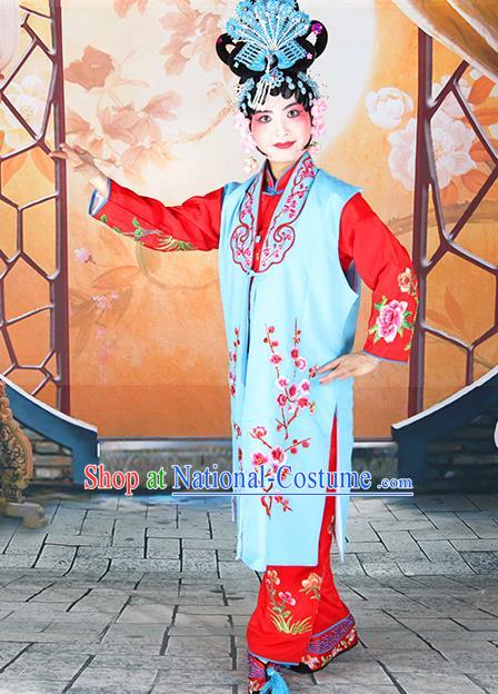 Professional Chinese Beijing Opera Maidservants Embroidered Plum Blossom Blue Costumes for Adults