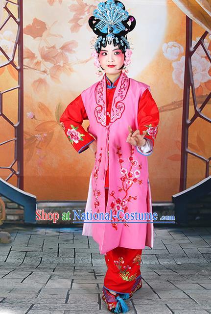 Professional Chinese Beijing Opera Maidservants Embroidered Plum Blossom Rosy Costumes for Adults