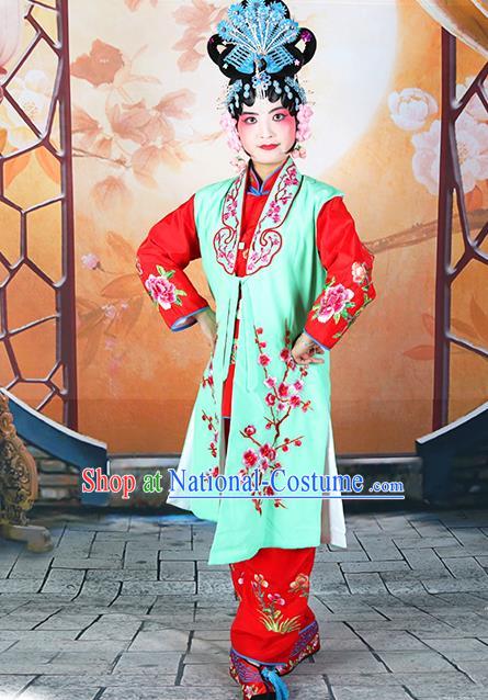 Professional Chinese Beijing Opera Maidservants Embroidered Plum Blossom Green Costumes for Adults